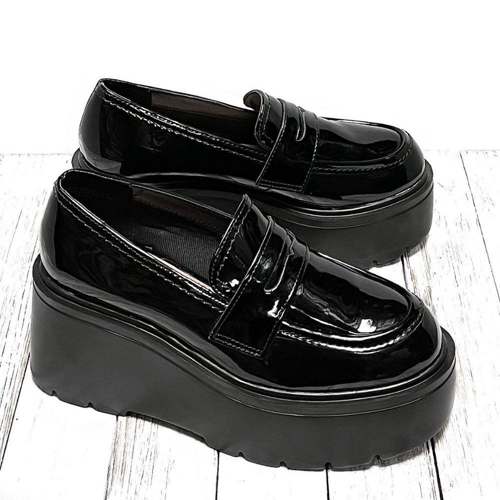 New Black Patent Platform Wedge Penny Loafers